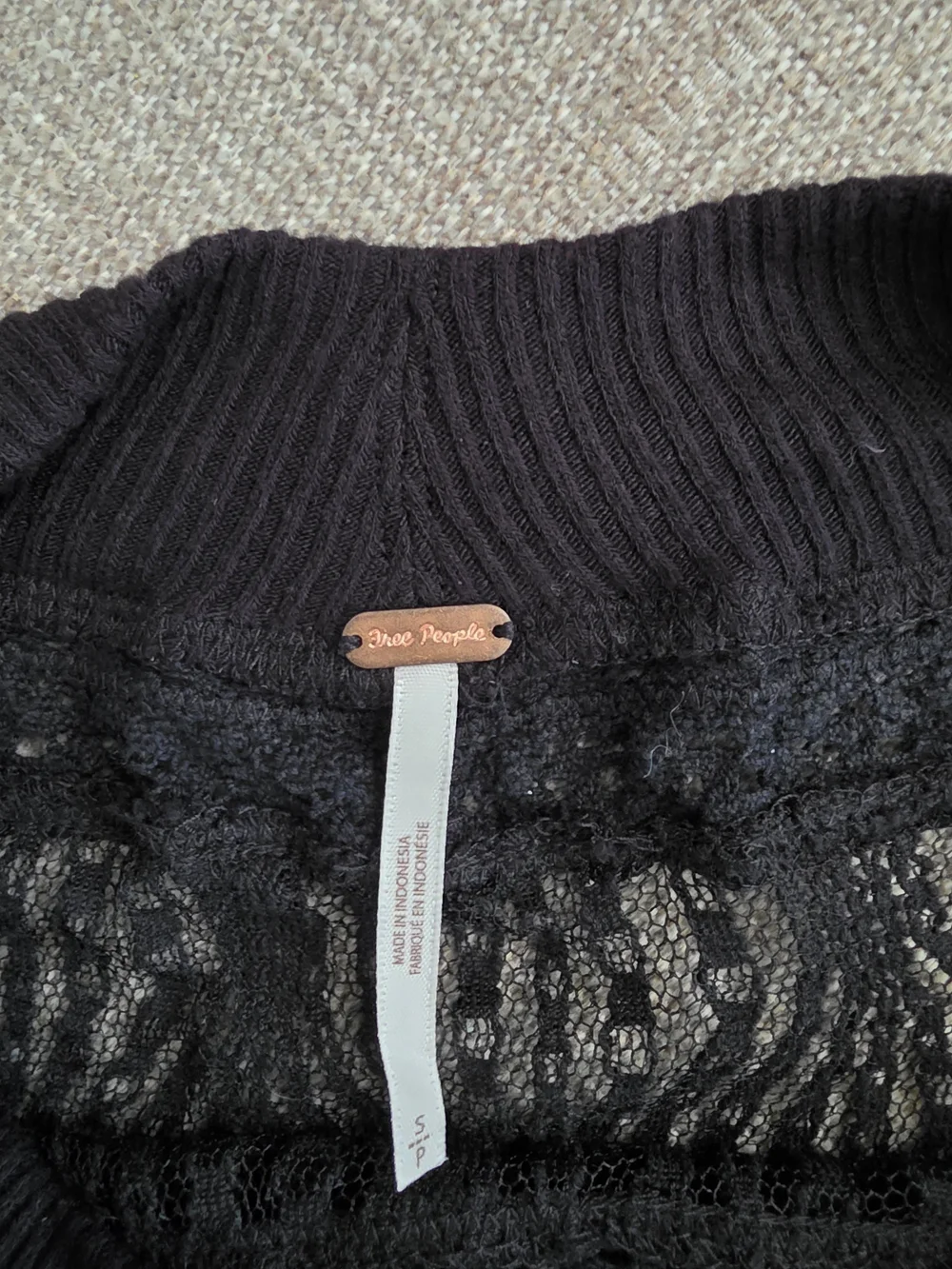 Free People Spring Valley Black Lace Yoke Waffle Thermal Top Size S